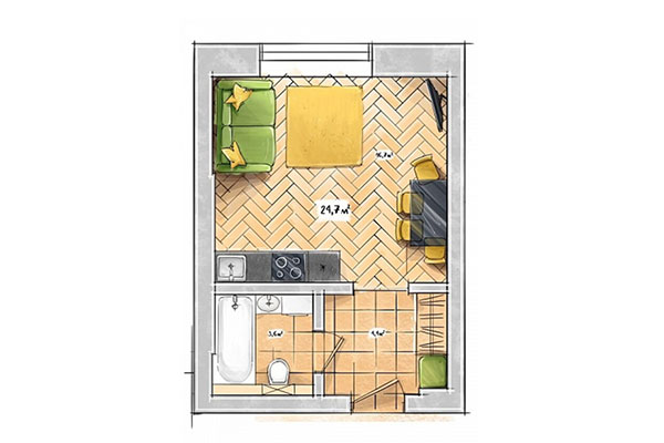 Студия 24,70 м&sup2; в ЖК БонАпарт. Планировка