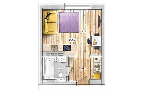 Студия 24,80 м&sup2; в ЖК БонАпарт. Планировка
