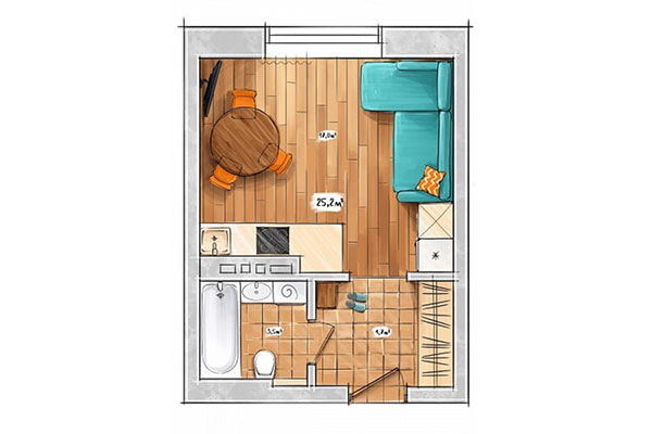 Студия 25,20 м&sup2; в ЖК БонАпарт. Планировка