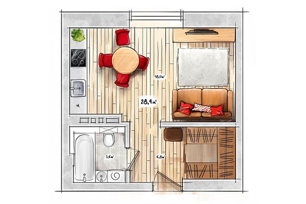 Студия 28,40 м&sup2; в ЖК БонАпарт. Планировка