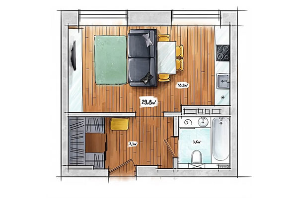 Студия 29,80 м&sup2; в ЖК БонАпарт. Планировка