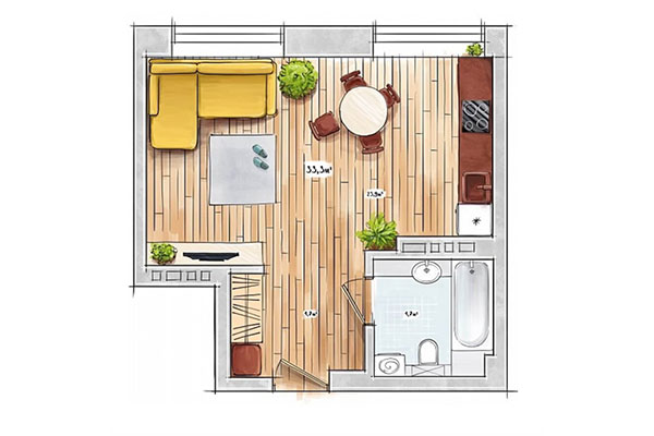 Студия 33,30 м&sup2; в ЖК БонАпарт. Планировка