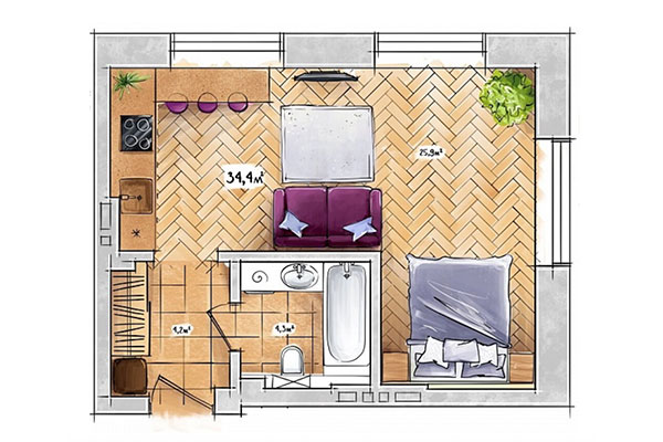 Студия 34,40 м&sup2; в ЖК БонАпарт. Планировка
