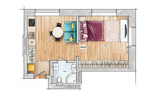 Студия 38,50 м&sup2; в ЖК БонАпарт. Планировка