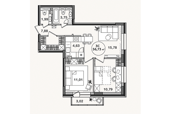3-комнатная квартира 56,73 м&sup2; в ЖК Сандэй. Планировка