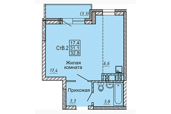 Студия 32,80 м&sup2; в ЖК Матрешки 2.0. Планировка