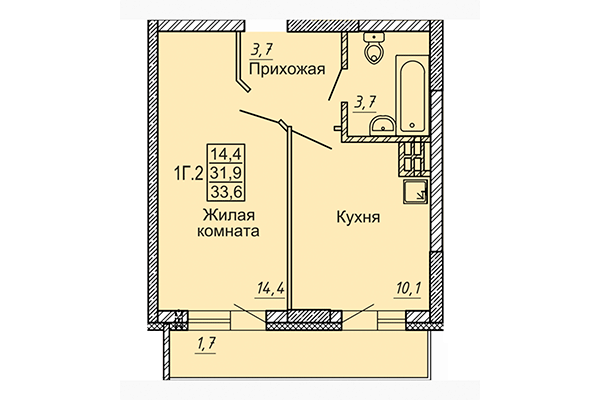 1-комнатная квартира 33,60 м&sup2; в ЖК Матрешки 2.0. Планировка