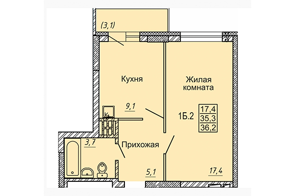 1-комнатная квартира 36,02 м&sup2; в ЖК Матрешки 2.0. Планировка