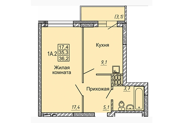 1-комнатная квартира 36,20 м&sup2; в ЖК Матрешки 2.0. Планировка