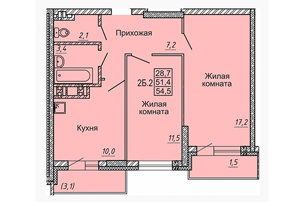 2-комнатная квартира 54,50 м&sup2; в ЖК Матрешки 2.0. Планировка