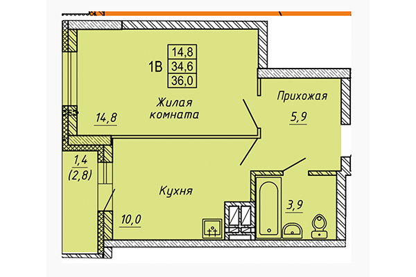 1-комнатная квартира 36,00 м&sup2; в ЖК Матрешкин двор. Планировка