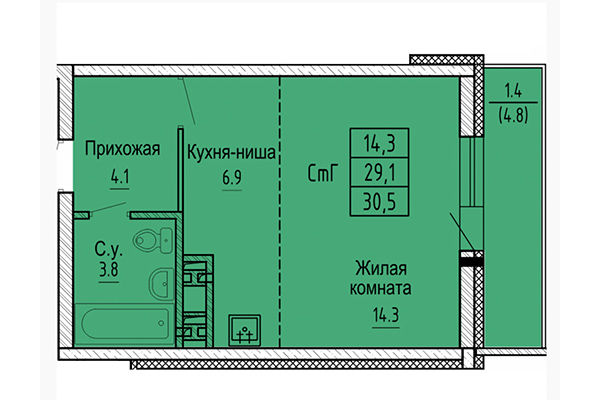 Студия 30,50 м&sup2; в ЖК Новые Матрешки. Планировка
