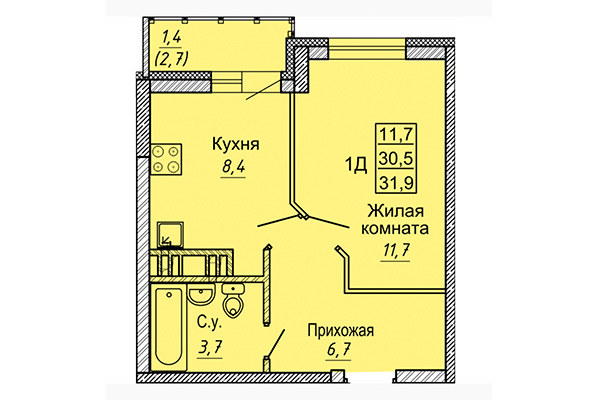 1-комнатная квартира 31,90 м&sup2; в ЖК Новые Матрешки. Планировка