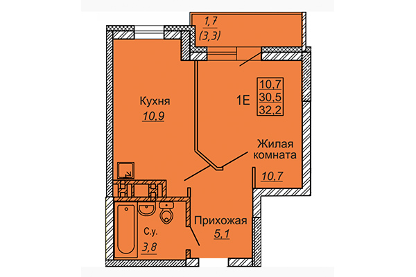 1-комнатная квартира 32,20 м&sup2; в ЖК Новые Матрешки. Планировка
