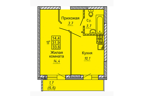 1-комнатная квартира 33,60 м&sup2; в ЖК Новые Матрешки. Планировка