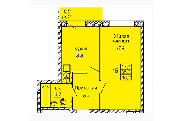 1-комнатная квартира 36,20 м&sup2; в ЖК Новые Матрешки. Планировка