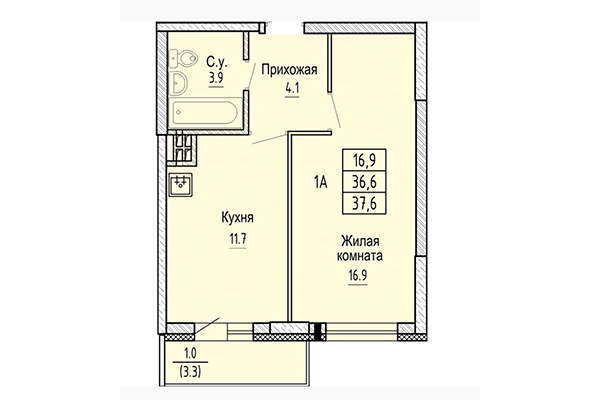 1-комнатная квартира 37,60 м&sup2; в ЖК Новые Матрешки. Планировка