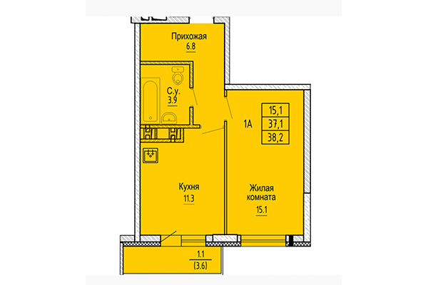 1-комнатная квартира 38,20 м&sup2; в ЖК Новые Матрешки. Планировка
