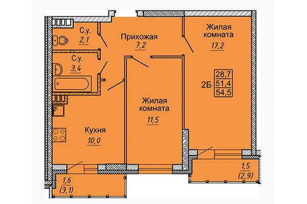 2-комнатная квартира 54,50 м&sup2; в ЖК Новые Матрешки. Планировка
