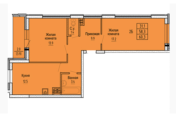 2-комнатная квартира 60,03 м&sup2; в ЖК Новые Матрешки. Планировка